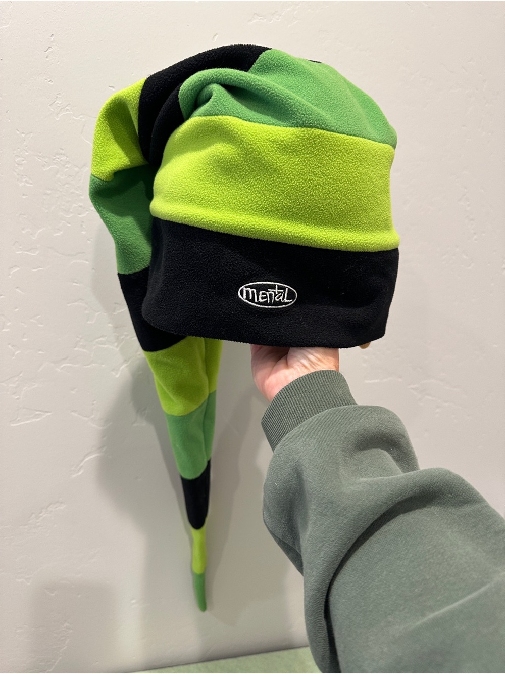 Vintage 90s MENTAL Worm Fleece Snow Beanie Lime Green & Black Striped Excellent